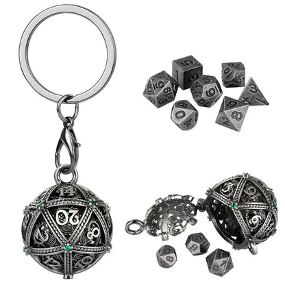 7pcs Mini Metal Polyhedral Dice Set RPG Gaming Dices Storage Case Hollow Round D20 Case Pendant Key Ring Necklace Chain Gift