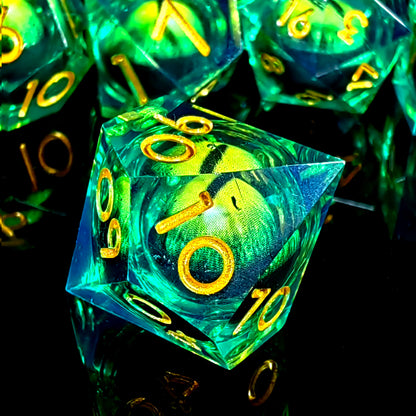 DnD Dice Set - 7-Piece Resin Polyhedral Dice with Spinning Dragon Eye Core, Light Green for Dungeons and Dragons, Tabletop Games