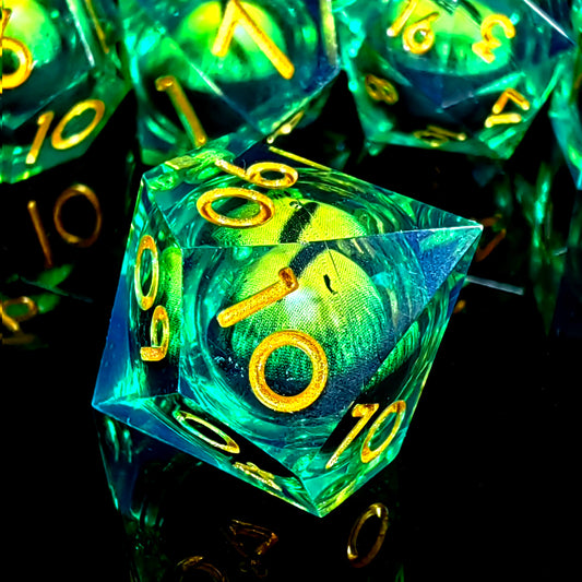 DnD Dice Set - 7-Piece Resin Polyhedral Dice with Spinning Dragon Eye Core, Light Green for Dungeons and Dragons, Tabletop Games