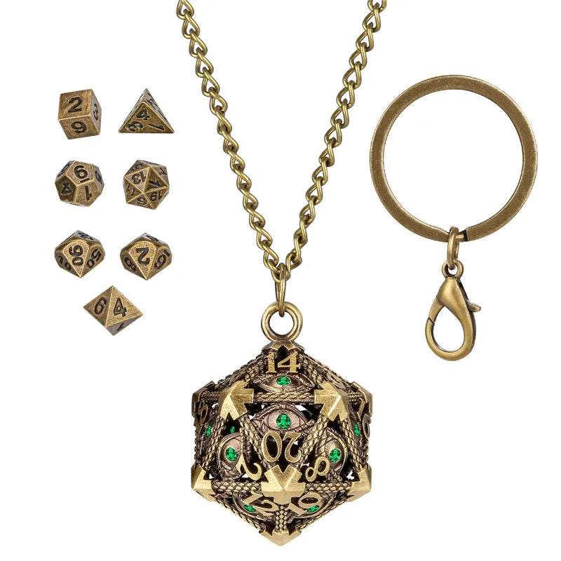 Retro Hollow D20 Case Pendant Key Ring 7pcs Mini Polyhedral Dice Set Role Play Gaming Dices Storage Case with Necklace Chain