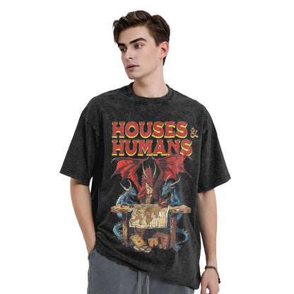 Washed T Shirt Houses and Humans Retro 90s Hip Hop T-Shirt Oversize Dungeon Dragon DnD Streetwear Printed Tops Tees for Men