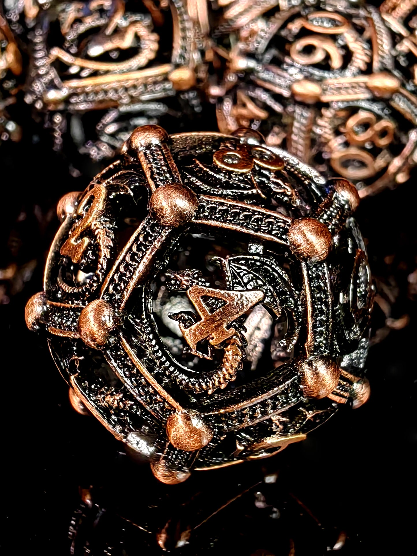 DnD Metal Dice Set - 7 Piece Zinc Alloy Dragon Pattern Polyhedral Dice for Dungeons and Dragons RPG - Red Copper Color
