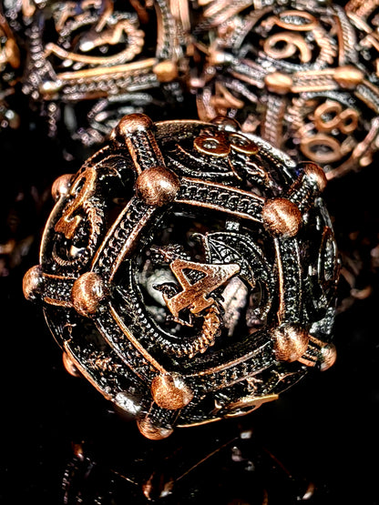 DnD Metal Dice Set - 7 Piece Zinc Alloy Dragon Pattern Polyhedral Dice for Dungeons and Dragons RPG - Red Copper Color