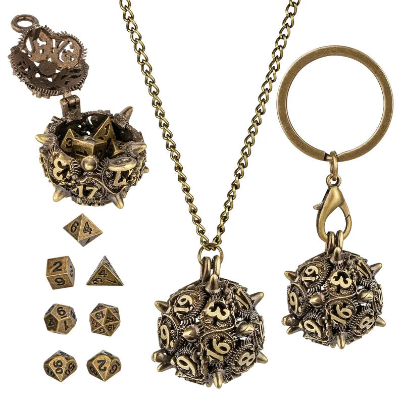 7pcs/set Tiny Metal Polyhedral Dice with Necklace Chain Key Ring D20 Storage Case Entertainment Table Board Role Play Game