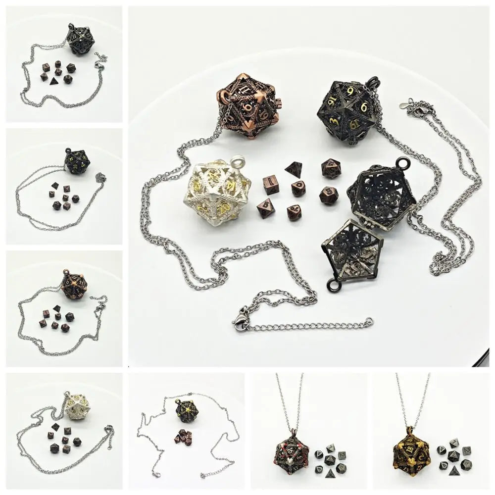1 Set 20-sided Hollow Metal Dice Necklace TRPG Exquisite Hollow Metal Dice Torque DND Mini Polyhedral Dice Necklace