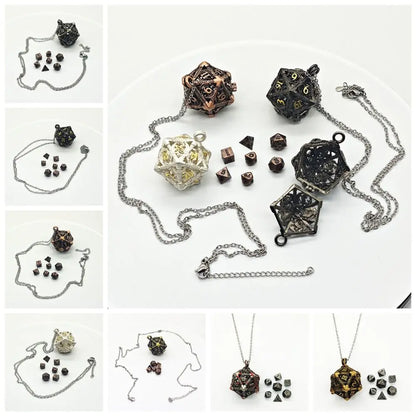 1 Set 20-sided Hollow Metal Dice Necklace TRPG Exquisite Hollow Metal Dice Torque DND Mini Polyhedral Dice Necklace