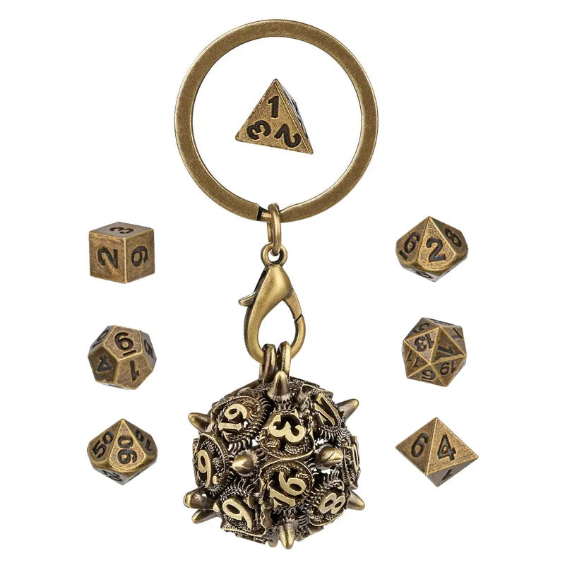 7pcs/set Tiny Metal Polyhedral Dice with Necklace Chain Key Ring D20 Storage Case Entertainment Table Board Role Play Game