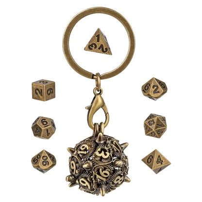 7pcs/set Tiny Metal Polyhedral Dice with Necklace Chain Key Ring D20 Storage Case Entertainment Table Board Role Play Game