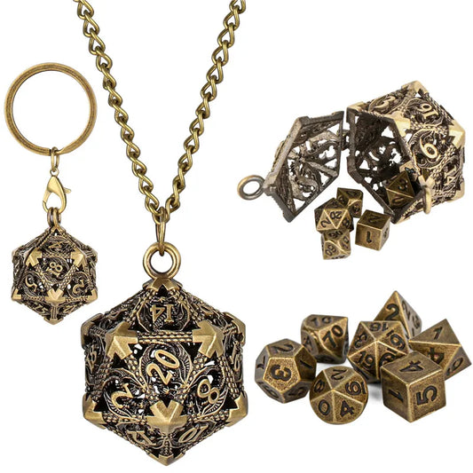 Portable Keychain with Hollow D20 Metal Case Tiny 7pcs Polyhedral Metal Dice Set Gaming Dices Accessory Necklace Pendant Chain