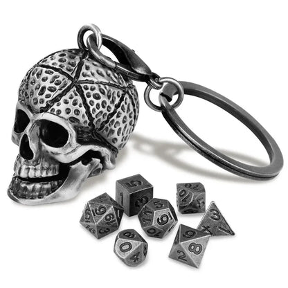 Gothic Portable Key Ring Necklace Chain with Hollow Skull Head Storage Case for 7pcs Tiny Polyhedral Dice Set Gaming Dices