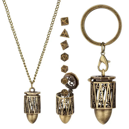 Portable Key Chain with Hollow D20 Metal Case Tiny 7pcs Polyhedral Metal Dice Set Gaming Dices Storage Case Necklace Chain