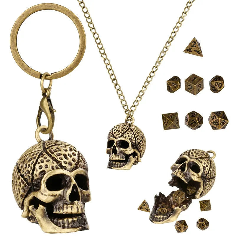 Gothic Portable Key Ring Necklace Chain with Hollow Skull Head Storage Case for 7pcs Tiny Polyhedral Dice Set Gaming Dices