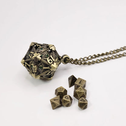 Diamond DND Dice Jewelry Necklace Hollow D20 Metal Case D20 Dragon metal Dice w/ Diamond Polyhedral Metal Dice Set Gaming Dices