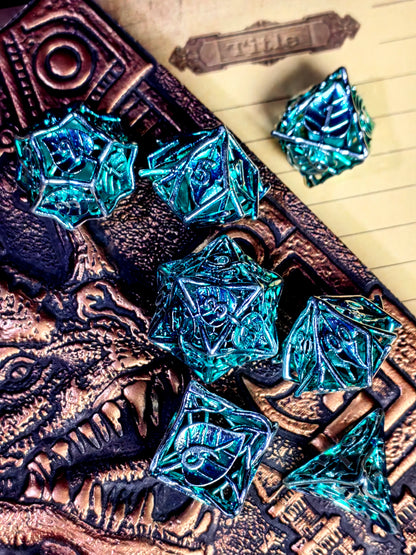 DnD Dice Set - 7 Piece Zinc Alloy Metal Dice with Leaf Pattern, Green Base Silver Numbers for RPG, Dungeons & Dragons
