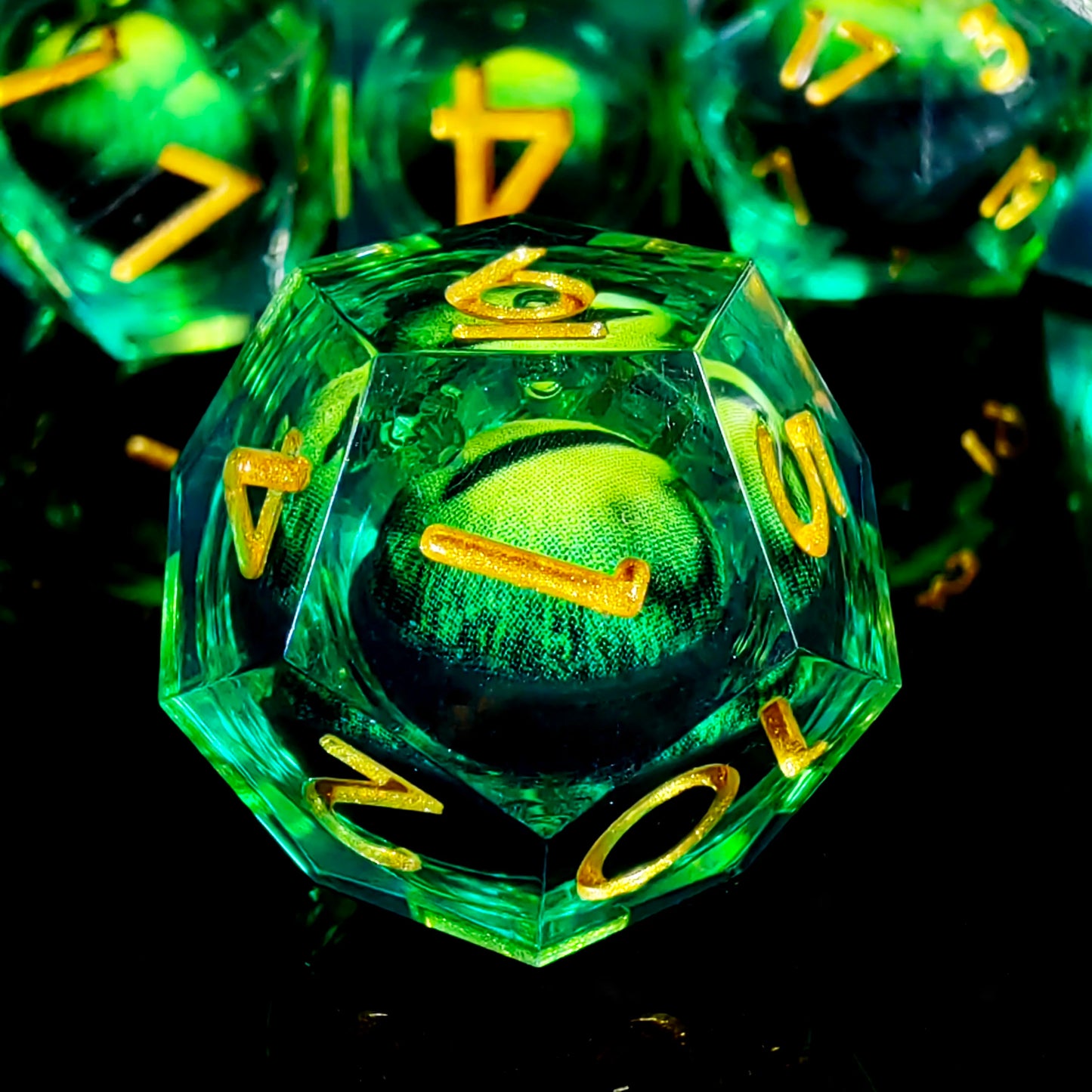 DnD Dice Set - 7-Piece Resin Polyhedral Dice with Spinning Dragon Eye Core, Light Green for Dungeons and Dragons, Tabletop Games