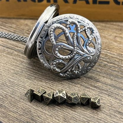 Vintage Octopus Pocket Watch Box 7 Pieces Mini Metal Polyhedron Dice Pendant Necklace Party Board Game Accessories Kids Gifts