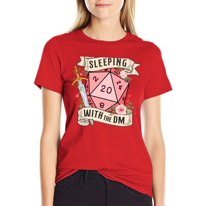SLEEPING WITH THE DUNGEON MASTER: Cute D20 dnd dice with flowers and sword T-Shirt funnys Women clothes