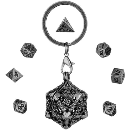 Portable Keychain with Hollow D20 Metal Case Tiny 7pcs Polyhedral Metal Dice Set Gaming Dices Accessory Necklace Pendant Chain
