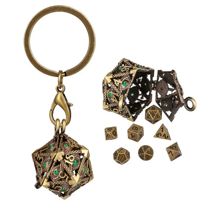 Retro Hollow D20 Case Pendant Key Ring 7pcs Mini Polyhedral Dice Set Role Play Gaming Dices Storage Case with Necklace Chain