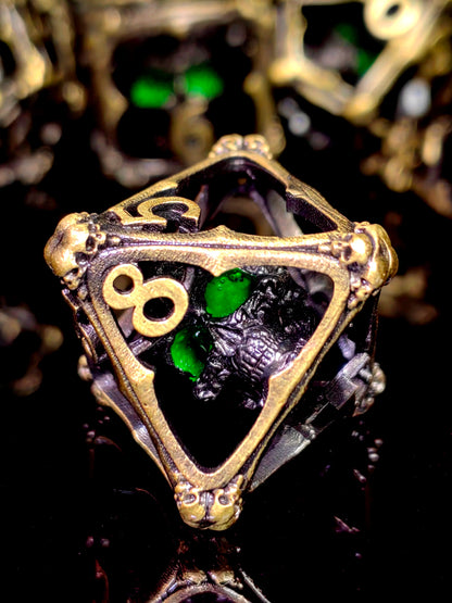 DnD Metal Dice Set - 7 Piece Zinc Alloy Dice with Skull Pattern, Antique Bronze, for Dungeons & Dragons, RPG Tabletop Games