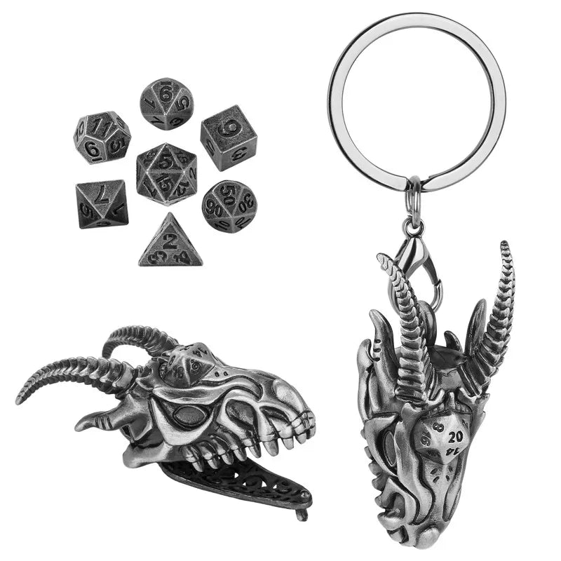 Cool Key Ring with Metal Dragon Head Case 7pcs Mini Polyhedral Dice Set Role Play Gaming Dices Storage Case with Necklace Chain
