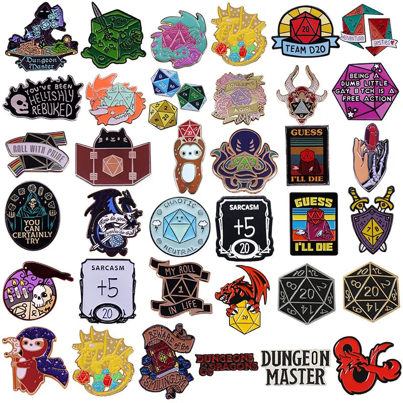 RPG Game Dungeon DnD Dragon Enamel Pins Dice D20 Cartoon Brooch Clothes Backpack Lapel Badges Fashion Jewelry Gifts