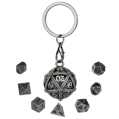 7pcs Mini Metal Polyhedral Dice Set RPG Gaming Dices Storage Case Hollow Round D20 Case Pendant Key Ring Necklace Chain Gift