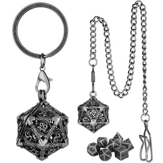 Portable Keychain with Hollow D20 Metal Case Tiny 7pcs Polyhedral Metal Dice Set Gaming Dices Accessory Necklace Pendant Chain