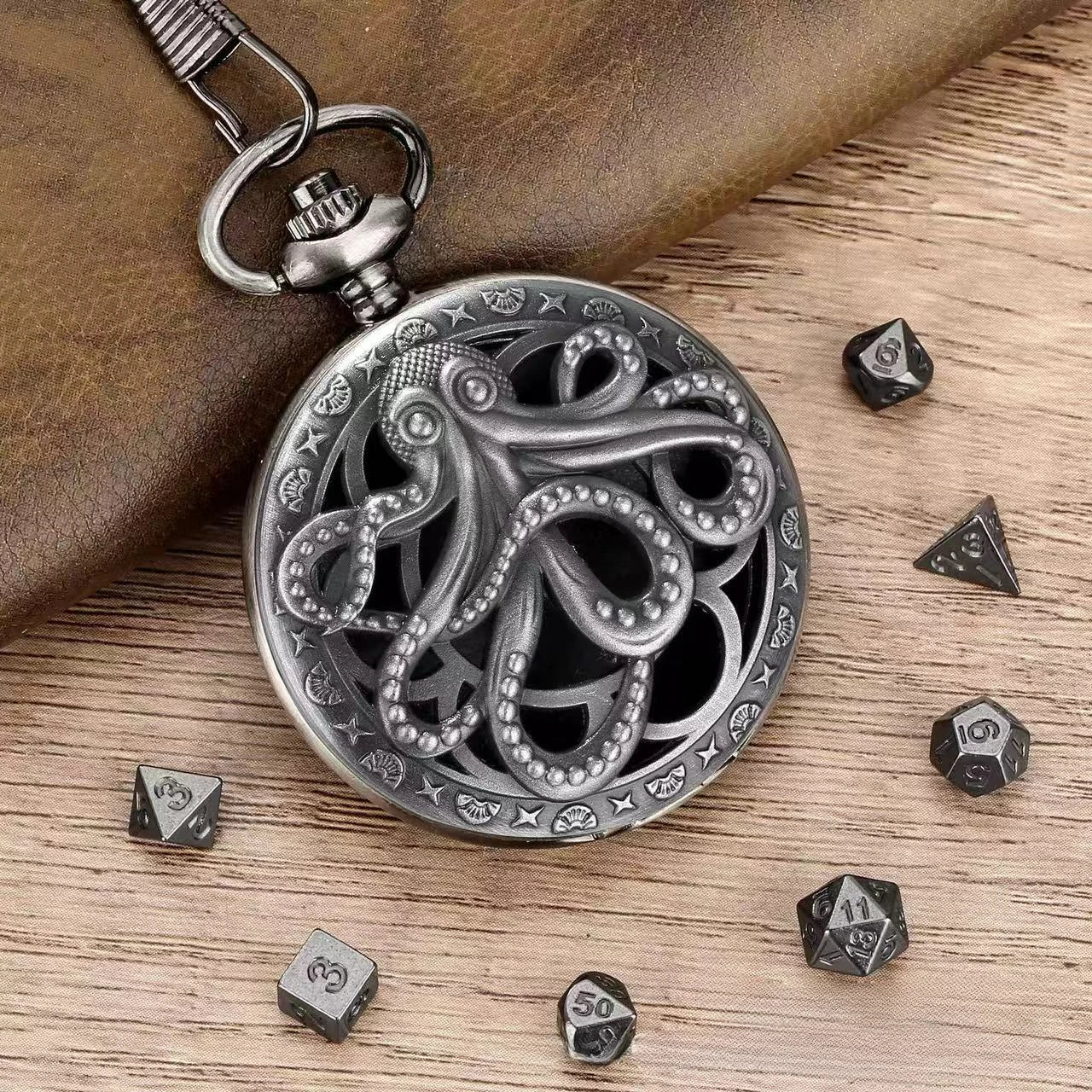 Vintage Octopus Pocket Watch Box 7 Pieces Mini Metal Polyhedron Dice Pendant Necklace Party Board Game Accessories Kids Gifts
