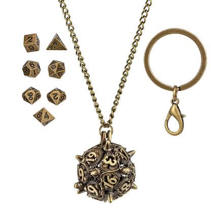 7pcs/set Tiny Metal Polyhedral Dice with Necklace Chain Key Ring D20 Storage Case Entertainment Table Board Role Play Game