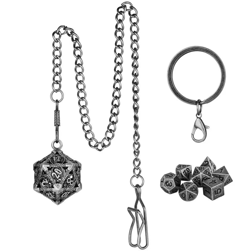 Portable Keychain with Hollow D20 Metal Case Tiny 7pcs Polyhedral Metal Dice Set Gaming Dices Accessory Necklace Pendant Chain