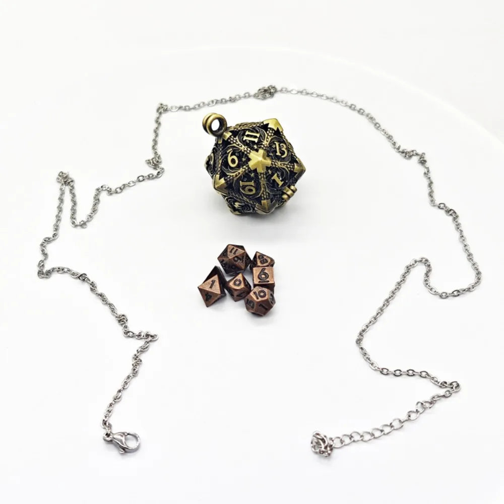 1 Set 20-sided Hollow Metal Dice Necklace TRPG DND Hollow Metal Dice Torque Mini Exquisite Polyhedral Dice Necklace