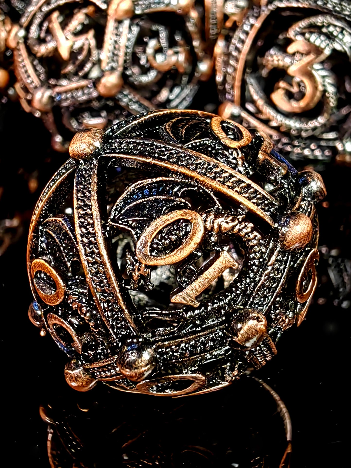 DnD Metal Dice Set - 7 Piece Zinc Alloy Dragon Pattern Polyhedral Dice for Dungeons and Dragons RPG - Red Copper Color