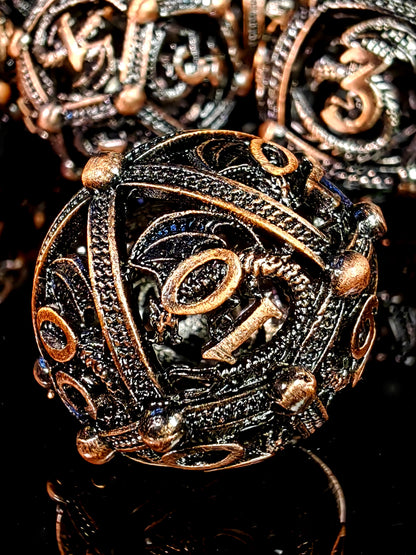 DnD Metal Dice Set - 7 Piece Zinc Alloy Dragon Pattern Polyhedral Dice for Dungeons and Dragons RPG - Red Copper Color