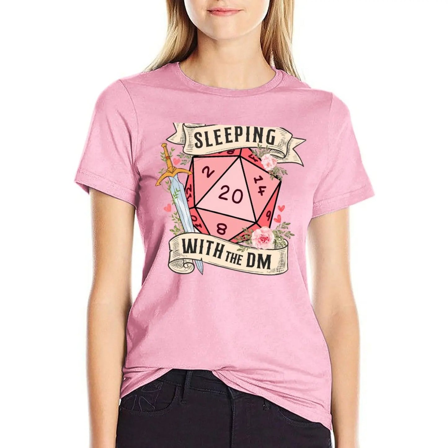 SLEEPING WITH THE DUNGEON MASTER: Cute D20 dnd dice with flowers and sword T-Shirt funnys Women clothes