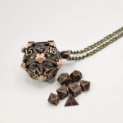 Diamond DND Dice Jewelry Necklace Hollow D20 Metal Case D20 Dragon metal Dice w/ Diamond Polyhedral Metal Dice Set Gaming Dices