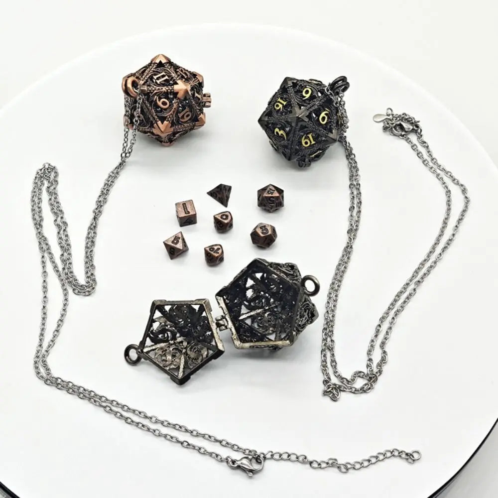 1 Set 20-sided Hollow Metal Dice Necklace TRPG DND Hollow Metal Dice Torque Mini Exquisite Polyhedral Dice Necklace
