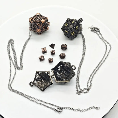 1 Set 20-sided Hollow Metal Dice Necklace TRPG DND Hollow Metal Dice Torque Mini Exquisite Polyhedral Dice Necklace