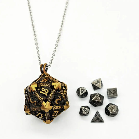 1 Set 20-sided Hollow Metal Dice Necklace TRPG Exquisite Hollow Metal Dice Torque Mini DND Polyhedral Dice Necklace Board Game