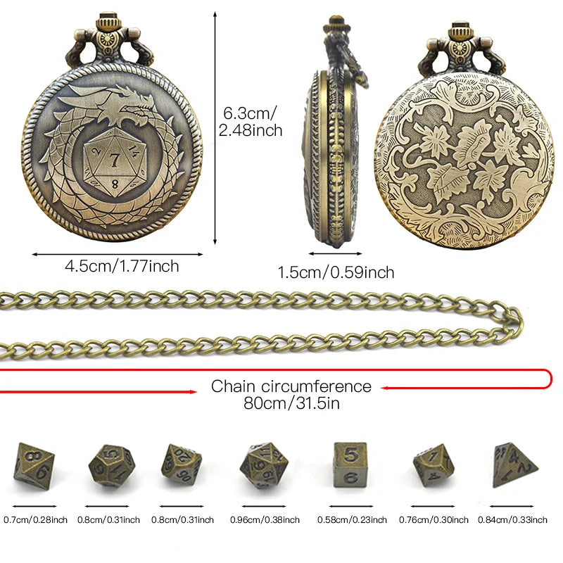Vintage Dragon Pocket Watch Box Dice Necklace Board Game Accessories, Fashion Jewelry Gifts for Men and Women