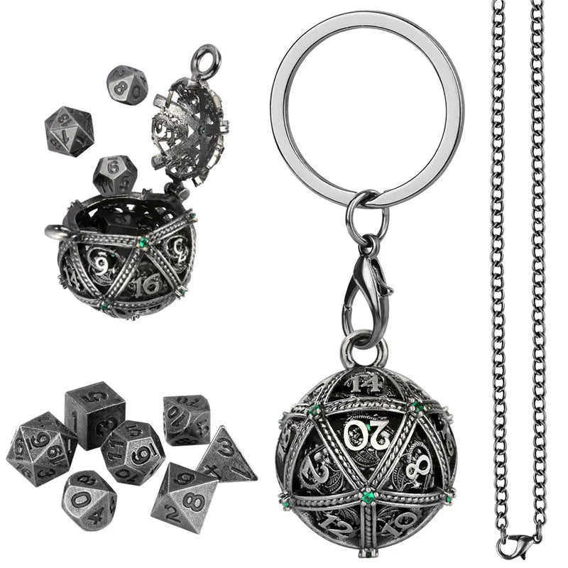 7pcs Mini Metal Polyhedral Dice Set RPG Gaming Dices Storage Case Hollow Round D20 Case Pendant Key Ring Necklace Chain Gift