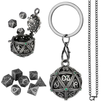 7pcs Mini Metal Polyhedral Dice Set RPG Gaming Dices Storage Case Hollow Round D20 Case Pendant Key Ring Necklace Chain Gift