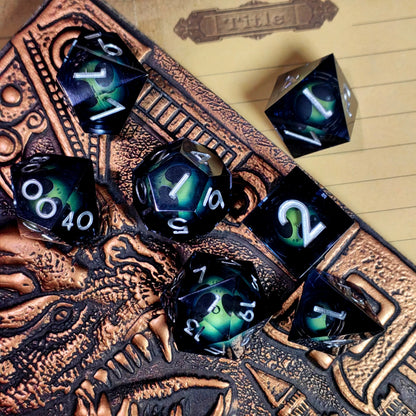 7-Piece Resin DnD Dice Set with Spinning Dragon Eye Core, Transparent Polyhedral Dice for Dungeons & Dragons, RPG Tabletop Games