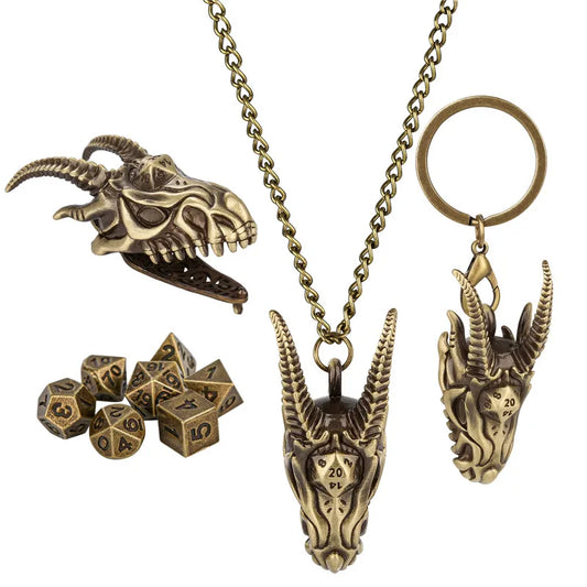 Cool Key Ring with Metal Dragon Head Case 7pcs Mini Polyhedral Dice Set Role Play Gaming Dices Storage Case with Necklace Chain