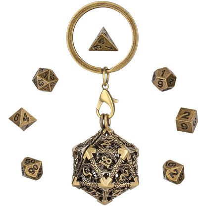 Portable Keychain with Hollow D20 Metal Case Tiny 7pcs Polyhedral Metal Dice Set Gaming Dices Accessory Necklace Pendant Chain