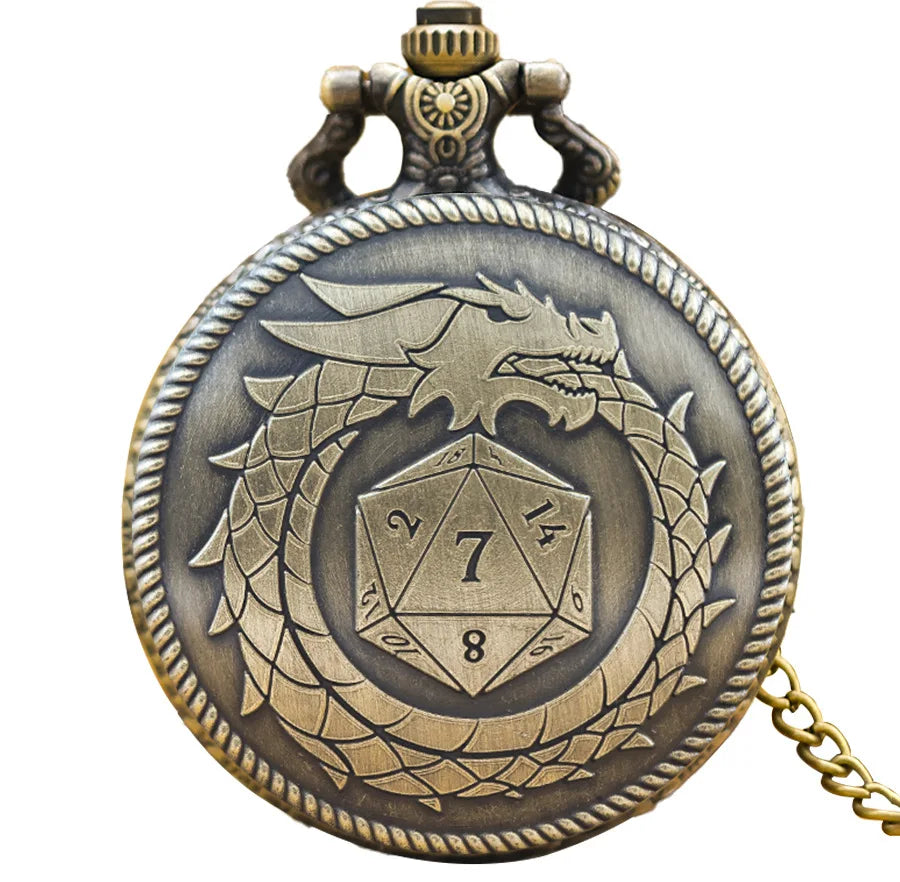 Vintage Dragon Pocket Watch Box Dice Necklace Board Game Accessories, Fashion Jewelry Gifts for Men and Women