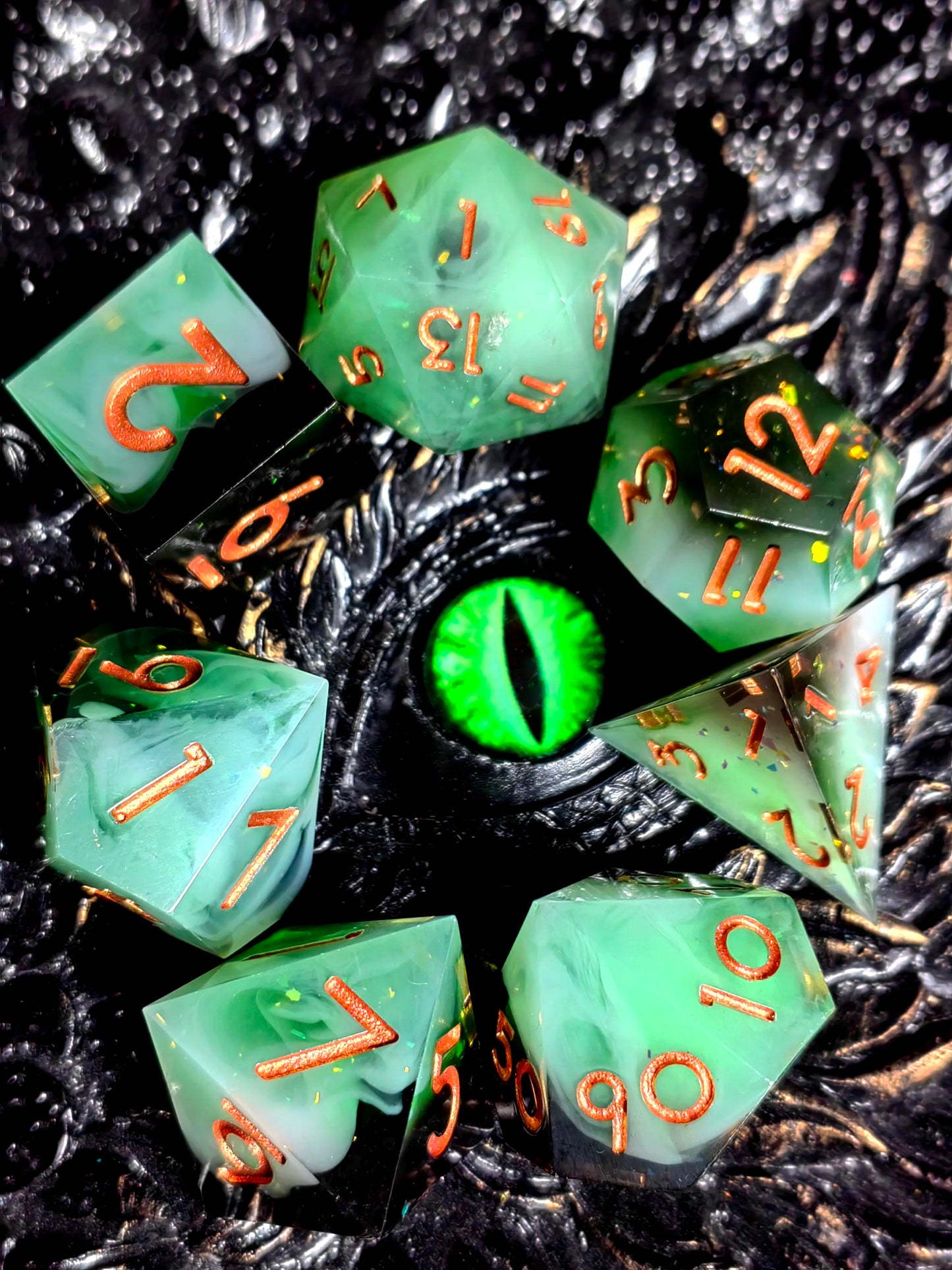 DnD Dice Set - Sharp Edge Resin Dice, Light Green with Gold Numbers, Perfect for Dungeons & Dragons, Tabletop RPG