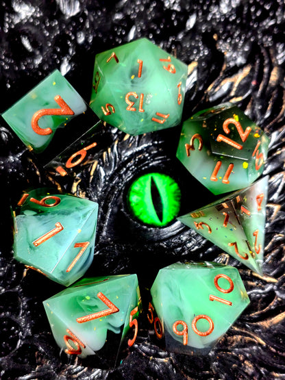 DnD Dice Set - Sharp Edge Resin Dice, Light Green with Gold Numbers, Perfect for Dungeons & Dragons, Tabletop RPG