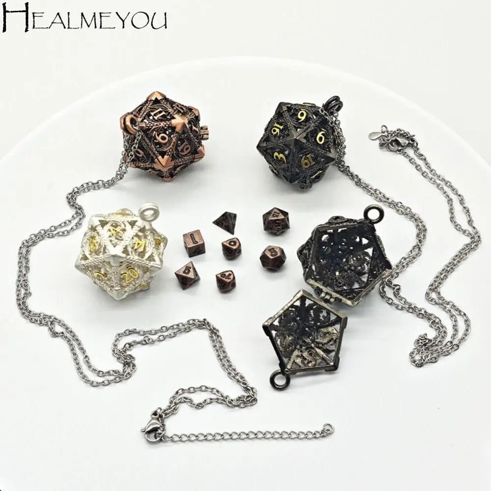1 Set 20-sided Hollow Metal Dice Necklace TRPG Exquisite Hollow Metal Dice Torque DND Mini Polyhedral Dice Necklace