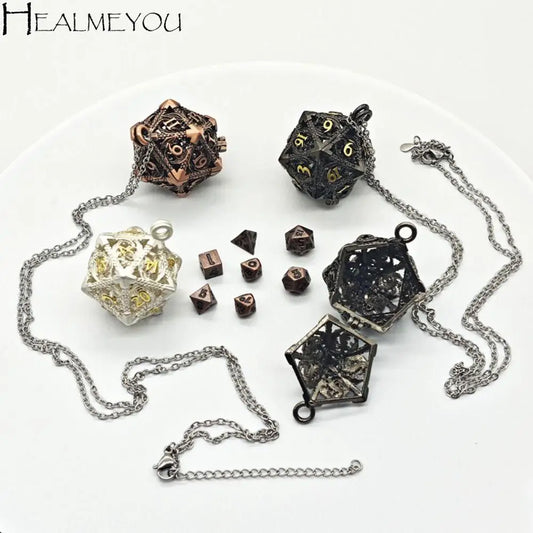 1 Set 20-sided Hollow Metal Dice Necklace TRPG Exquisite Hollow Metal Dice Torque DND Mini Polyhedral Dice Necklace